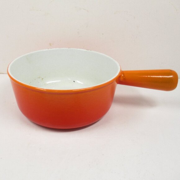 Vintage LEVCOWARE Orange Flame Enameled Cast Iron 7” Sauce Pot Pan Made in Japan - Picture 1 of 6